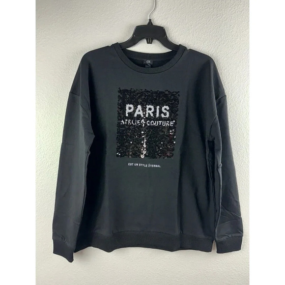 River island Sweatshirt black With Sequins Paris-themed Size S New - Picture 2 of 15